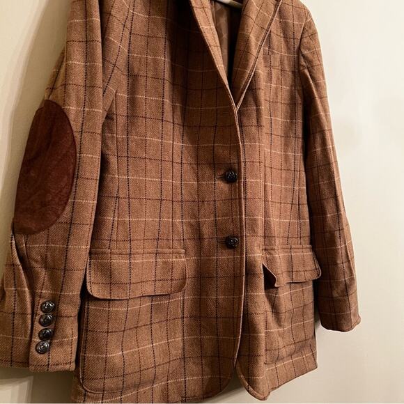 VTG Lauren Ralph Lauren Brown Plaid Blazer windowpane plaid elbow pads 6 - Picture 3 of 8